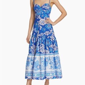 Farm Rio full of flowers midi cotton dress blue/white medium/med/m sleeveless